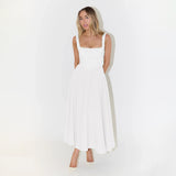 European And American Solid Color Square Collar Sleeveless Fitted Waist Backless Camisole Dress