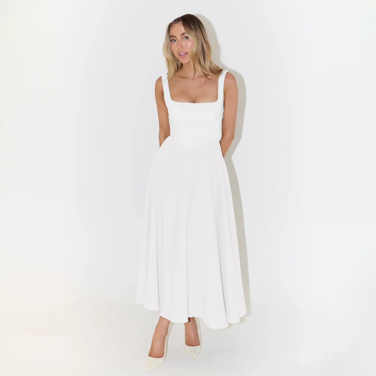 European And American Solid Color Square Collar Sleeveless Fitted Waist Backless Camisole Dress