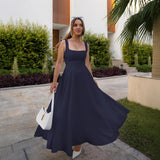 European And American Solid Color Square Collar Sleeveless Fitted Waist Backless Camisole Dress