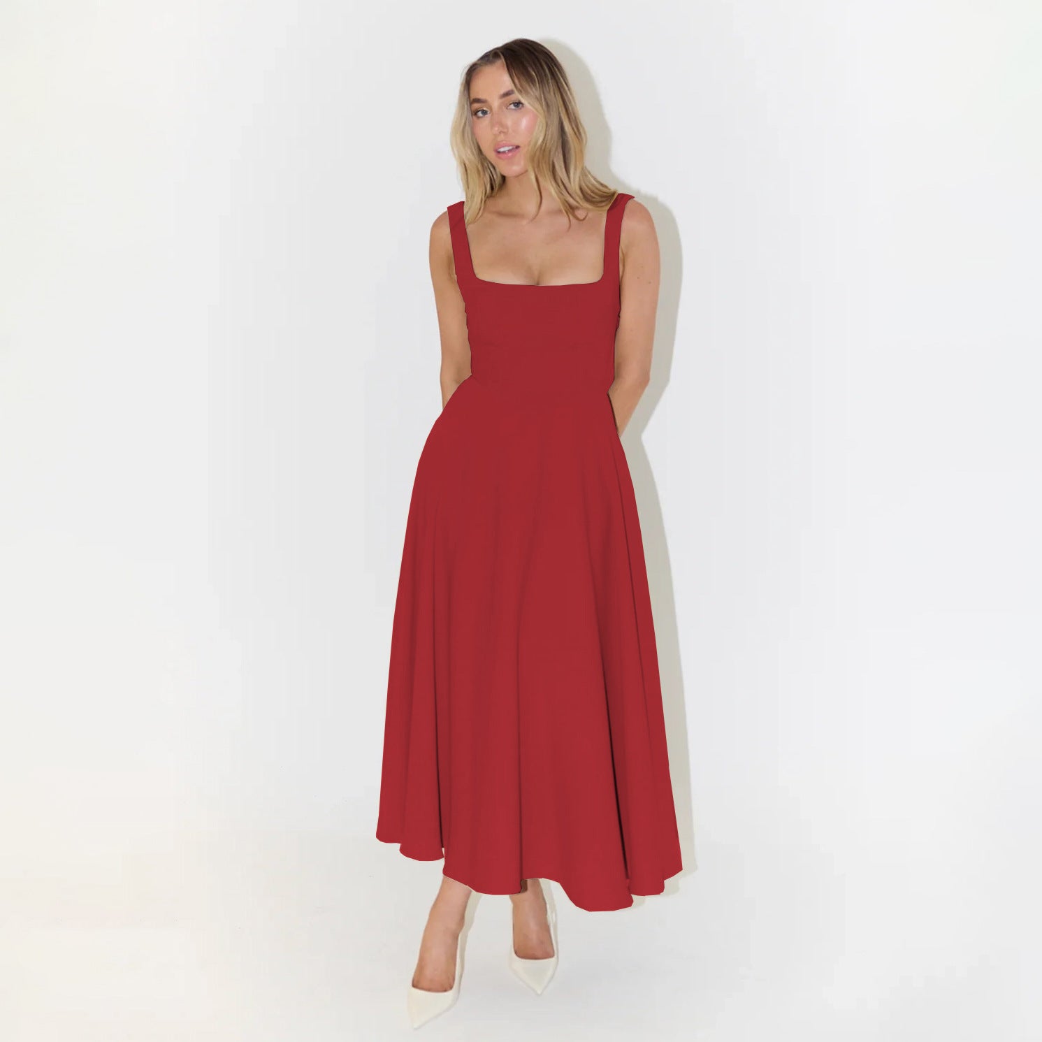 European And American Solid Color Square Collar Sleeveless Fitted Waist Backless Camisole Dress