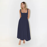 European And American Solid Color Square Collar Sleeveless Fitted Waist Backless Camisole Dress