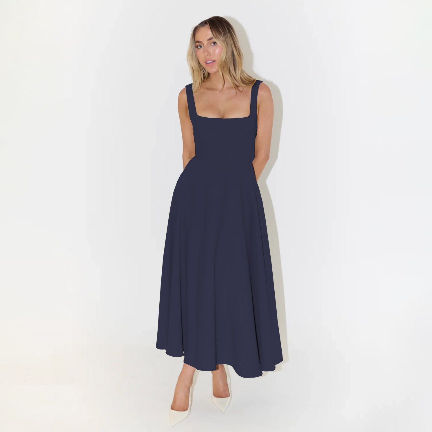 European And American Solid Color Square Collar Sleeveless Fitted Waist Backless Camisole Dress